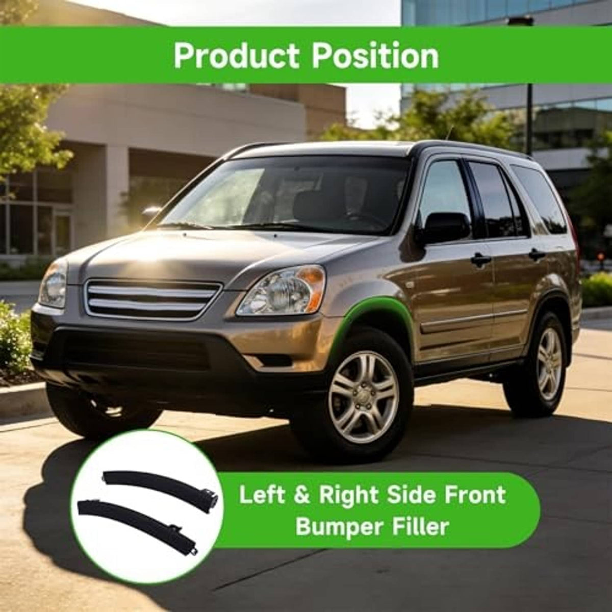 Left and right front bumper filler replacement trim shown on car front, black