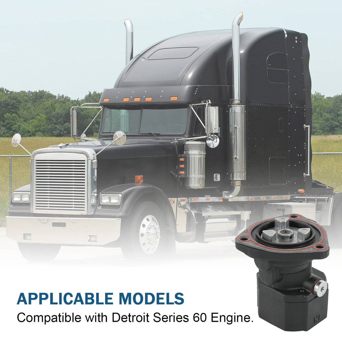 Fuel pump shown mounted on a truck front engine area, side view