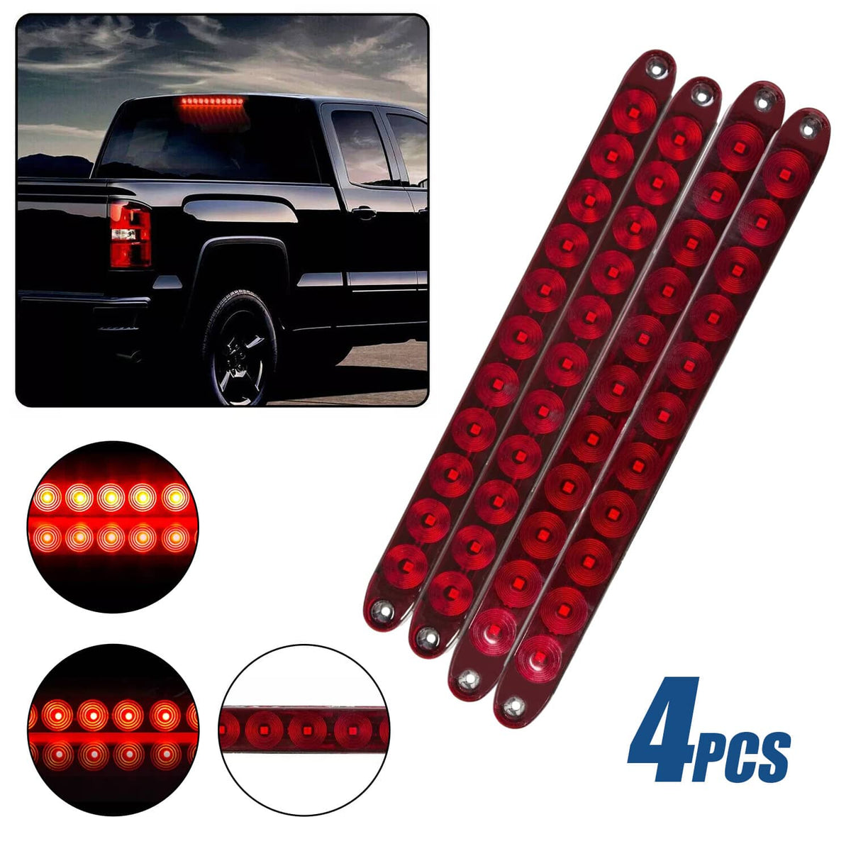Red LED trailer light bar kit, 4pc rectangular stop/turn/tail strips with 11 LEDs each
