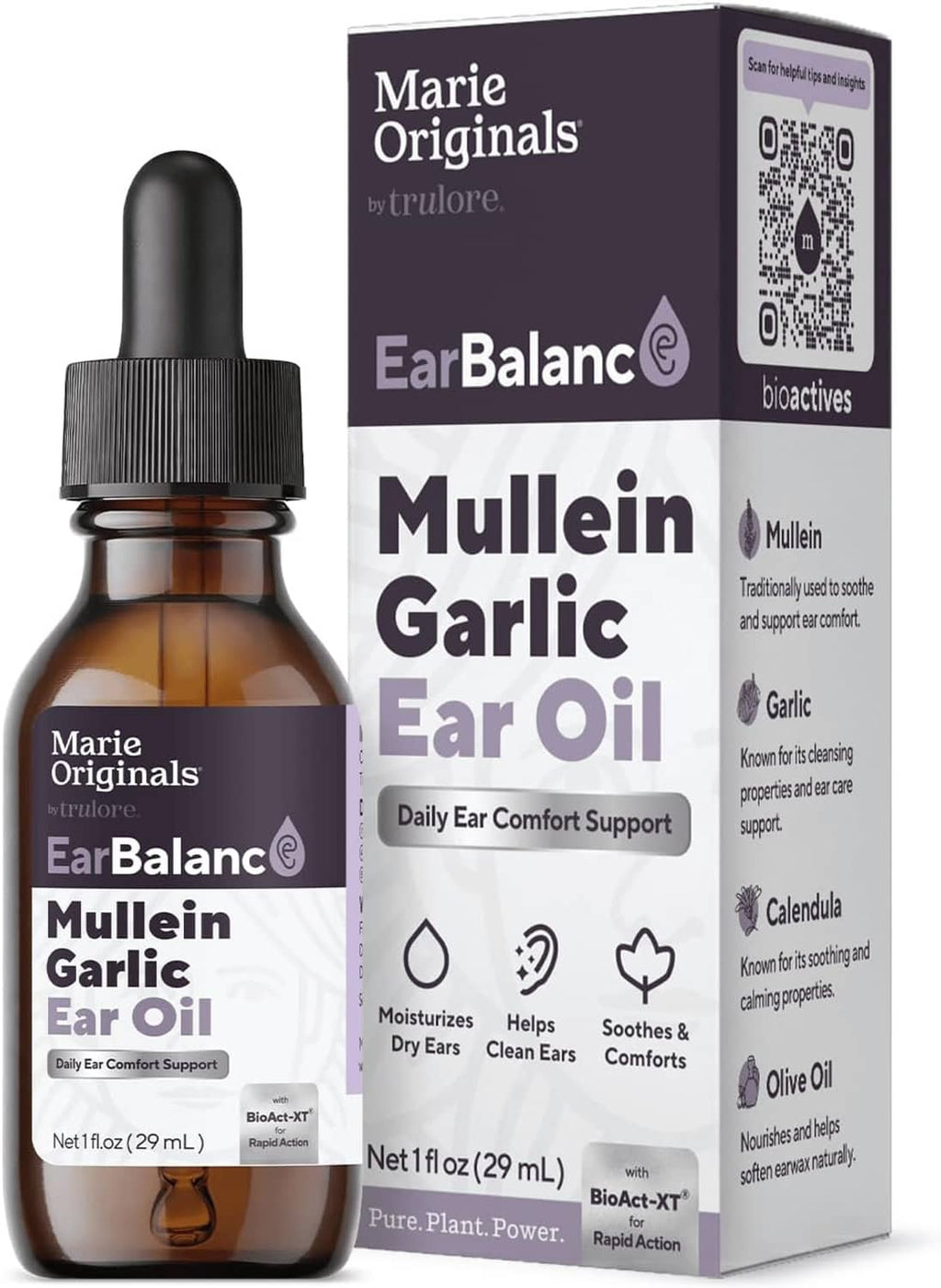 Mullein Garlic ear oil drops: amber glass bottle and carton with ear oil labeling.