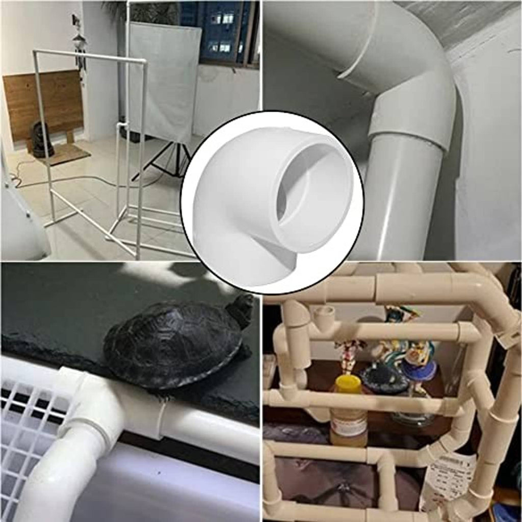 White 90-degree PVC elbow fitting installed on pipe with socket joint