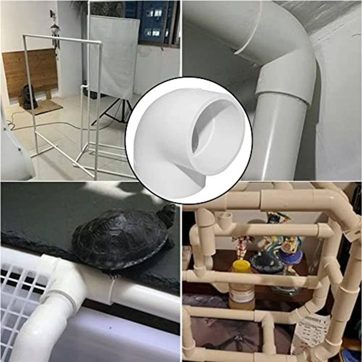 White 90-degree PVC elbow fitting installed on pipe with socket joint