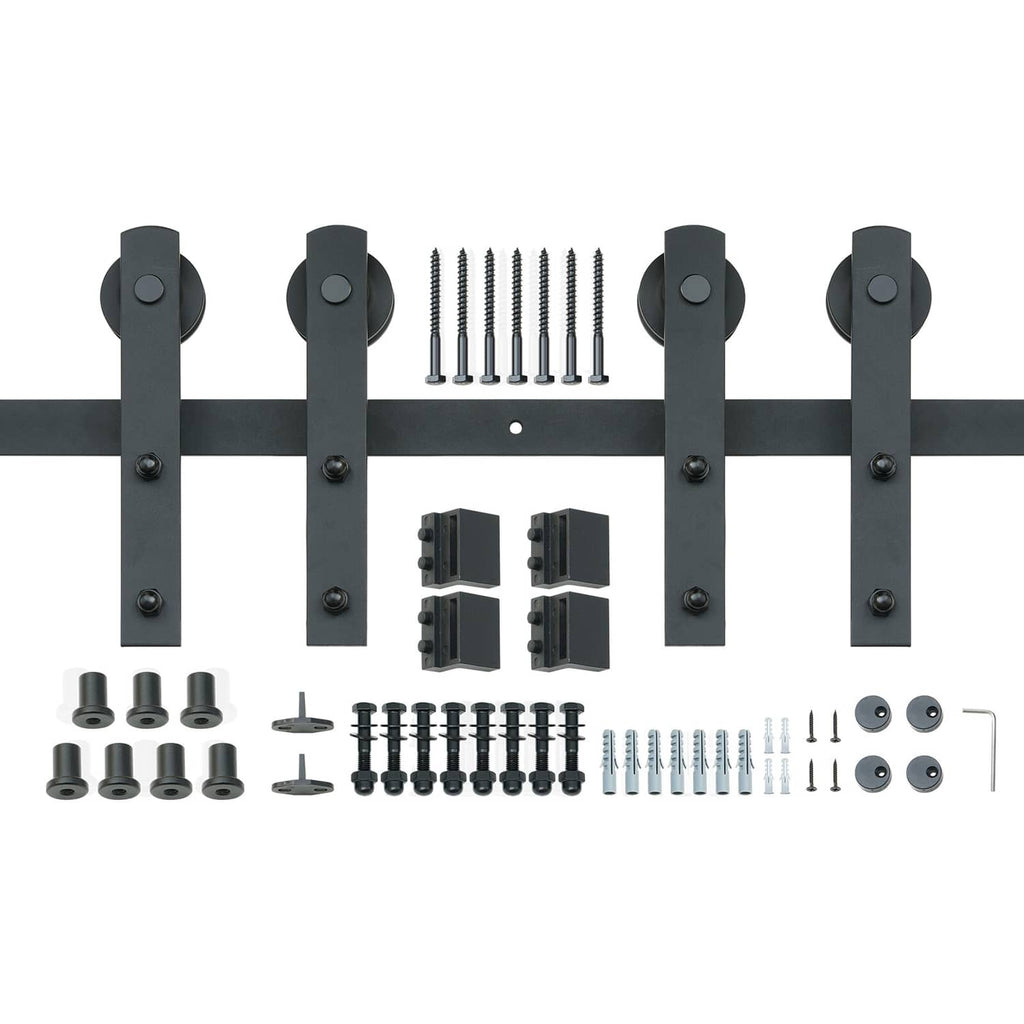 Double barn door sliding track hardware kit with rail, hangers, screws, and rollers