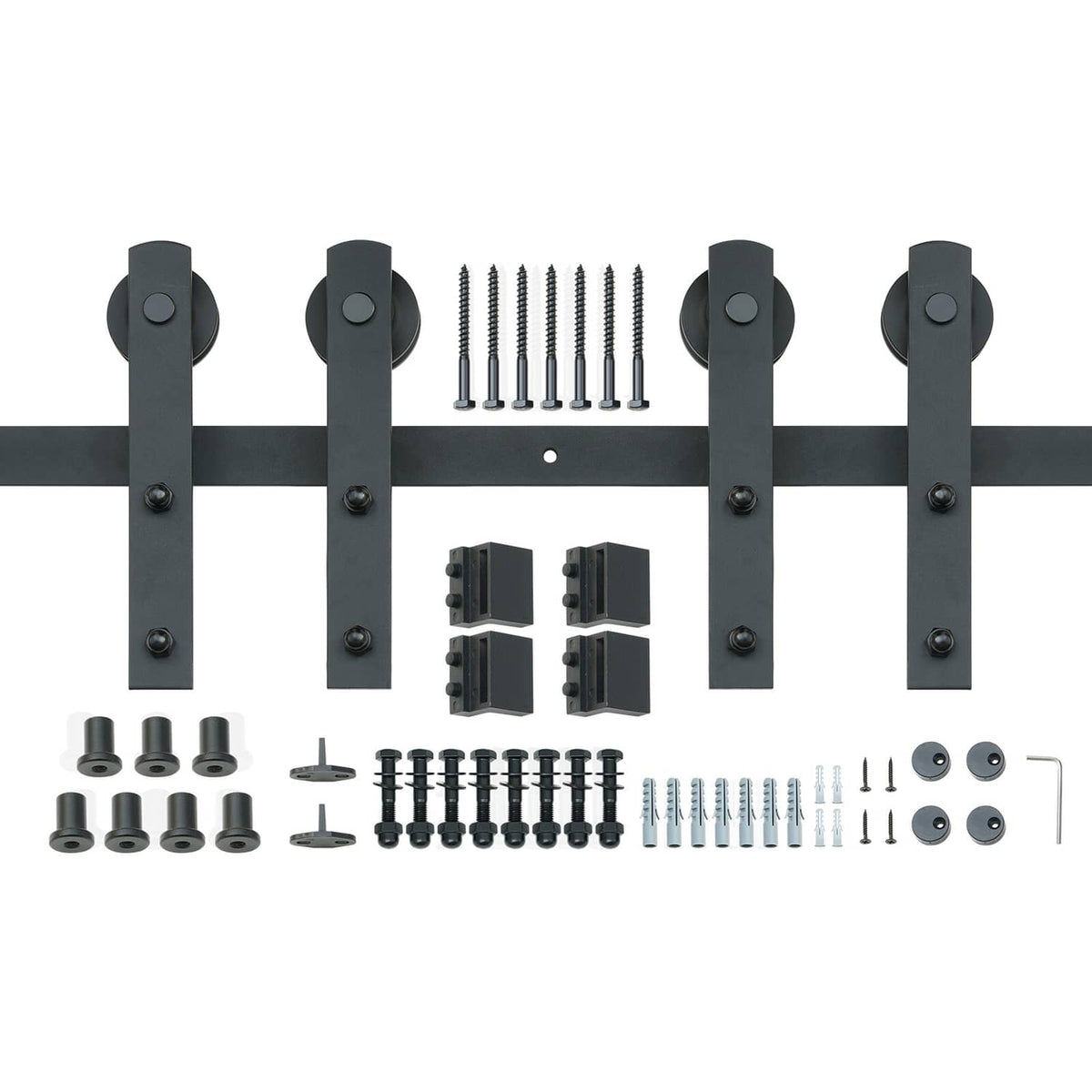 Double barn door sliding track hardware kit with rail, hangers, screws, and rollers