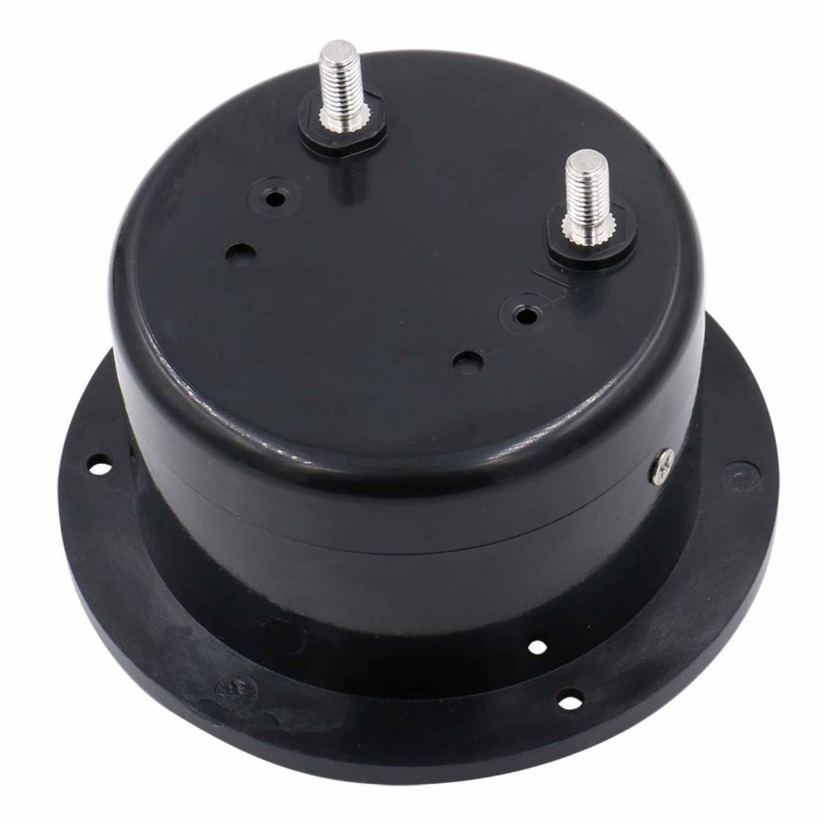 Black analog panel voltmeter underside with two threaded mounting posts