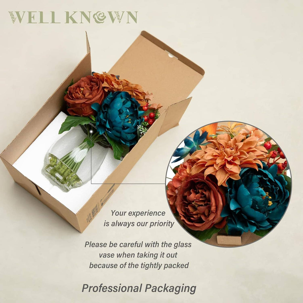 Cardboard package with artificial bouquet in clear glass vase, teal and orange flowers