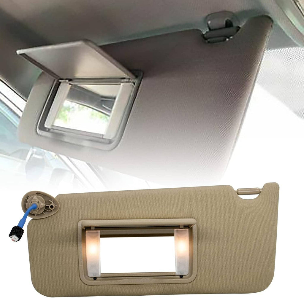 Beige tan driver-side sun visor with lit light panel and visible underside speaker mount