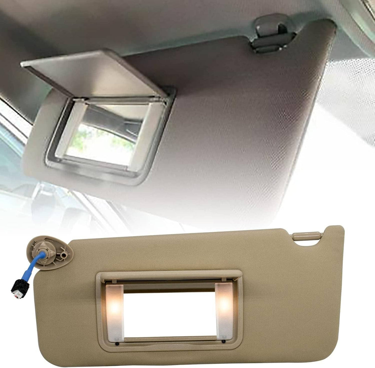 Beige tan driver-side sun visor with lit light panel and visible underside speaker mount