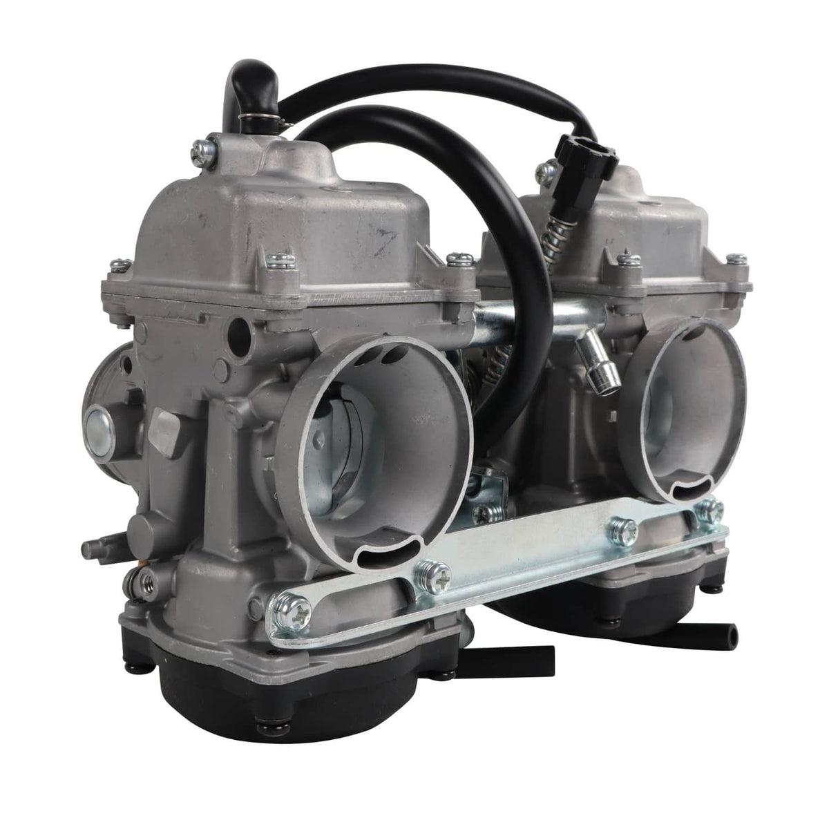 Carburetor with two intake openings, metal body, and black hose connector details