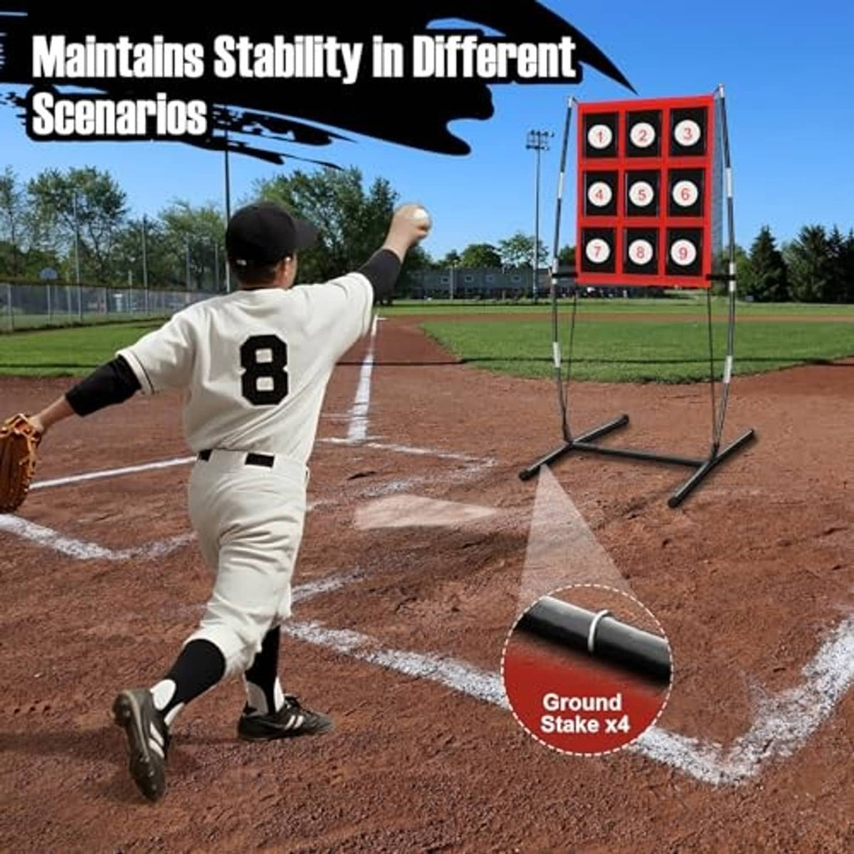 Baseball pitching target net with ground stakes and red 1–9 numbered pockets.
