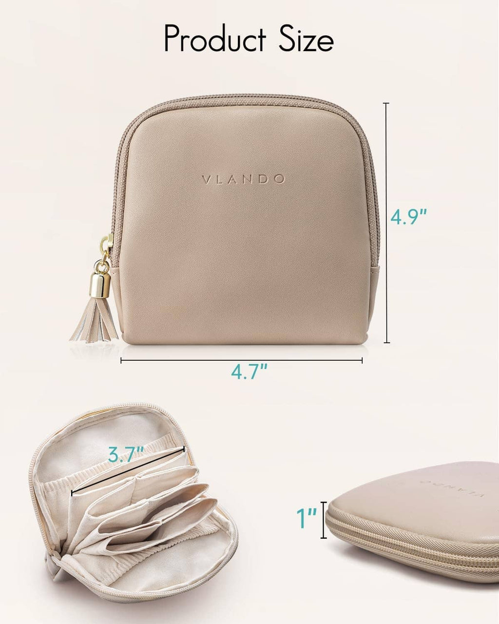 Compact tan jewelry travel case with zipper, tassel pull, and rounded top