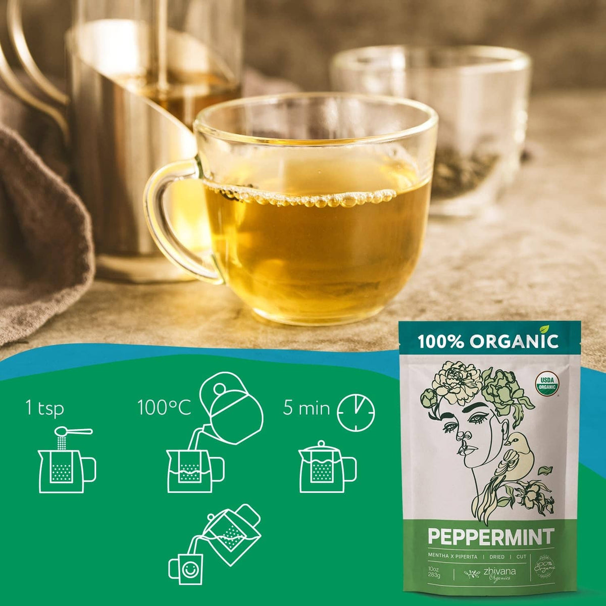 Organic peppermint tea pouch shown with brewing instructions graphics