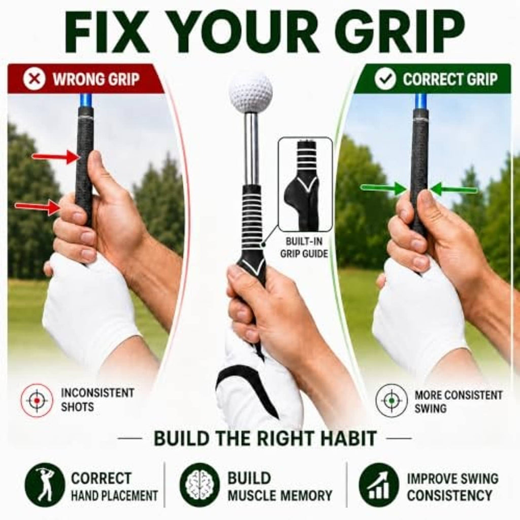 Grip trainer guide showing correct and wrong hand placement for more consistent swings