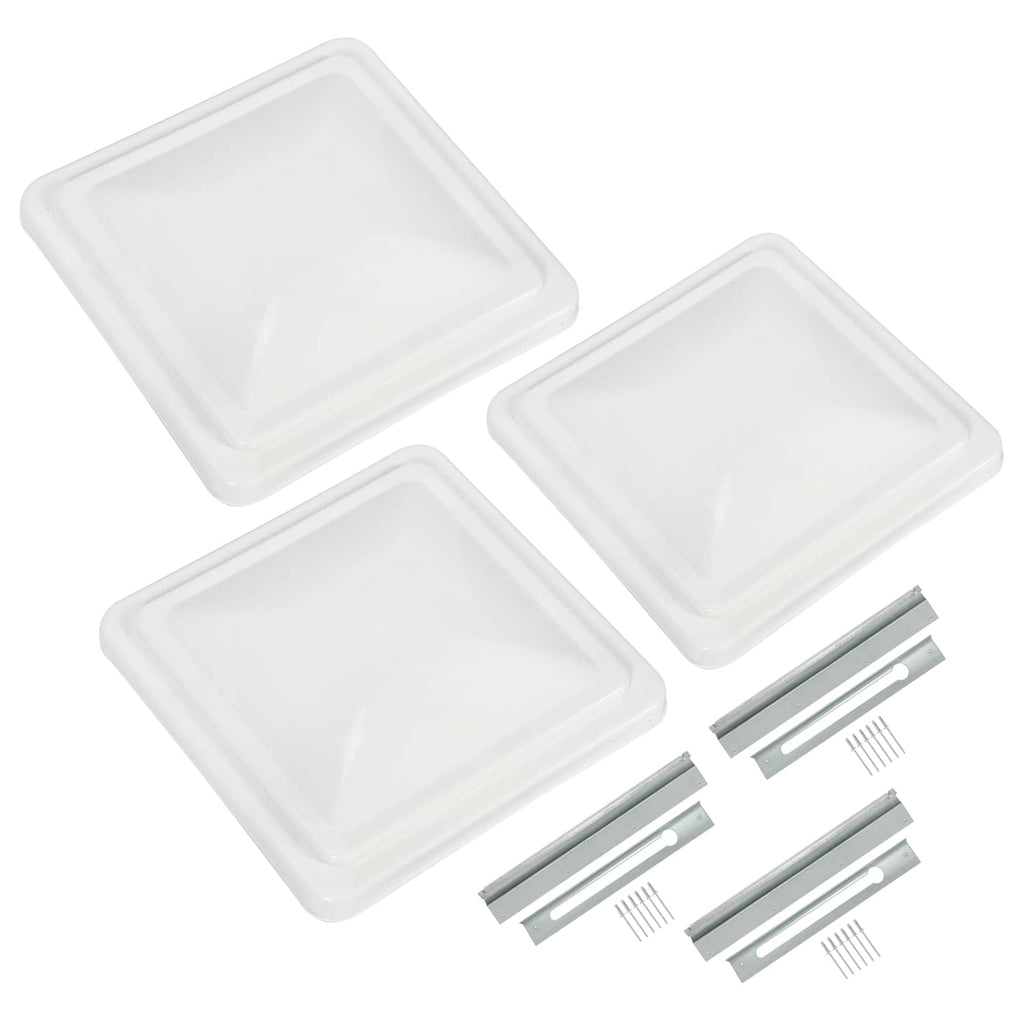 Three white RV roof vent covers with metal vent frame parts and screws
