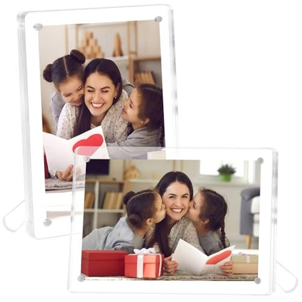 Clear acrylic magnetic photo frames, two overlapping 4x6 frames on stands