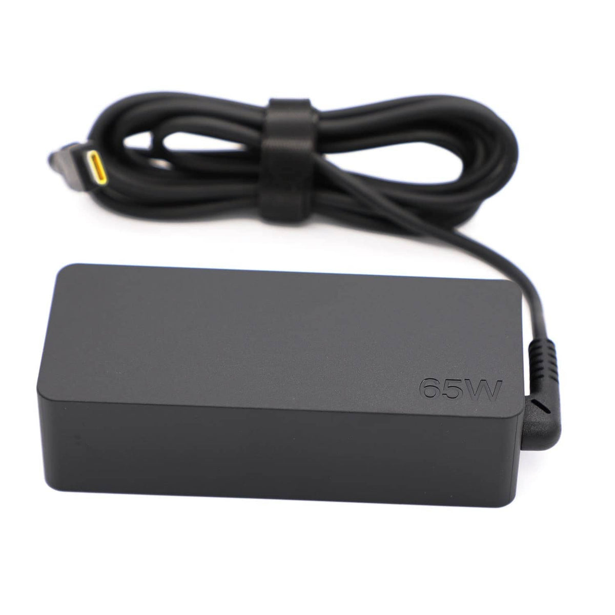 Black 65W power adapter with USB-C cable and molded strain-relief ends