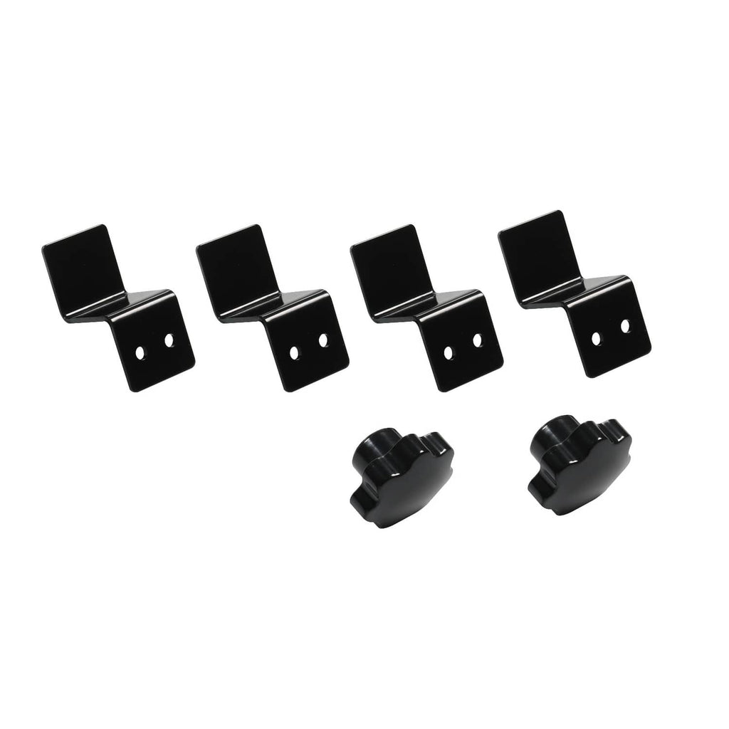 Black mounting brackets with bolt holes and two slider end pieces