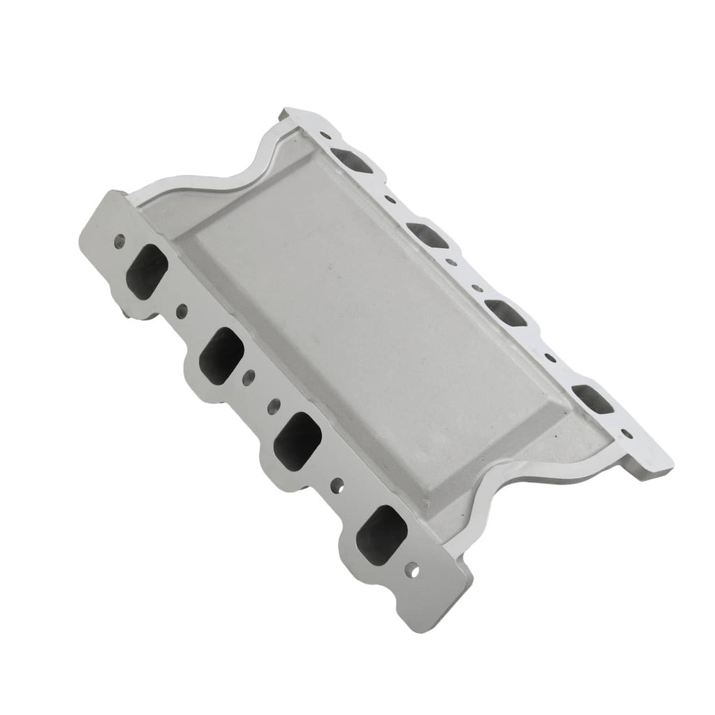 Engine intake manifold cover plate, silver-gray with vent openings and bolt holes