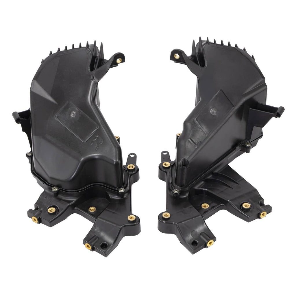 Two motorcycle glove box storage covers with gold-tone screws and attachment tabs