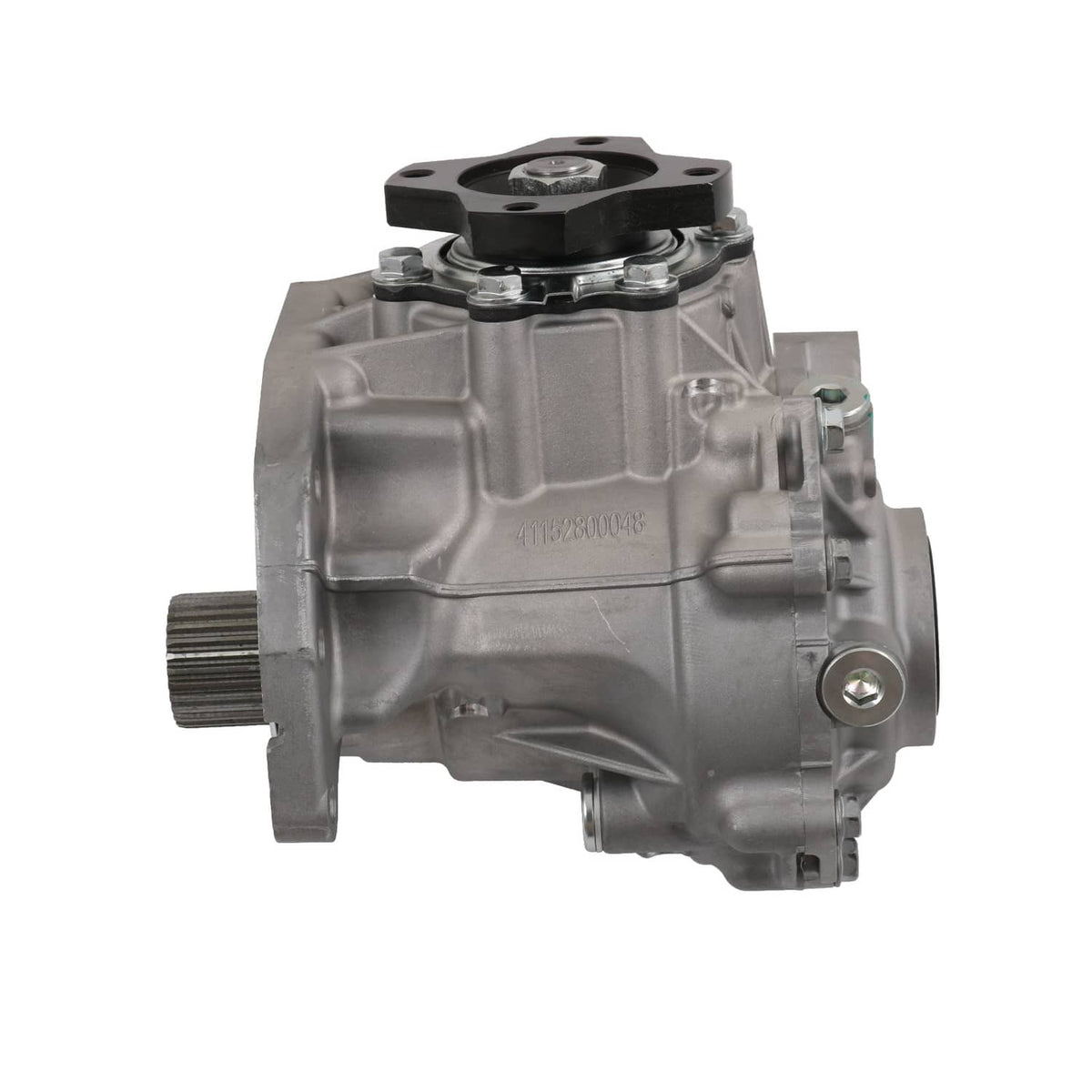 Automotive transfer case assembly, silver housing with side port and black mounting bracket.