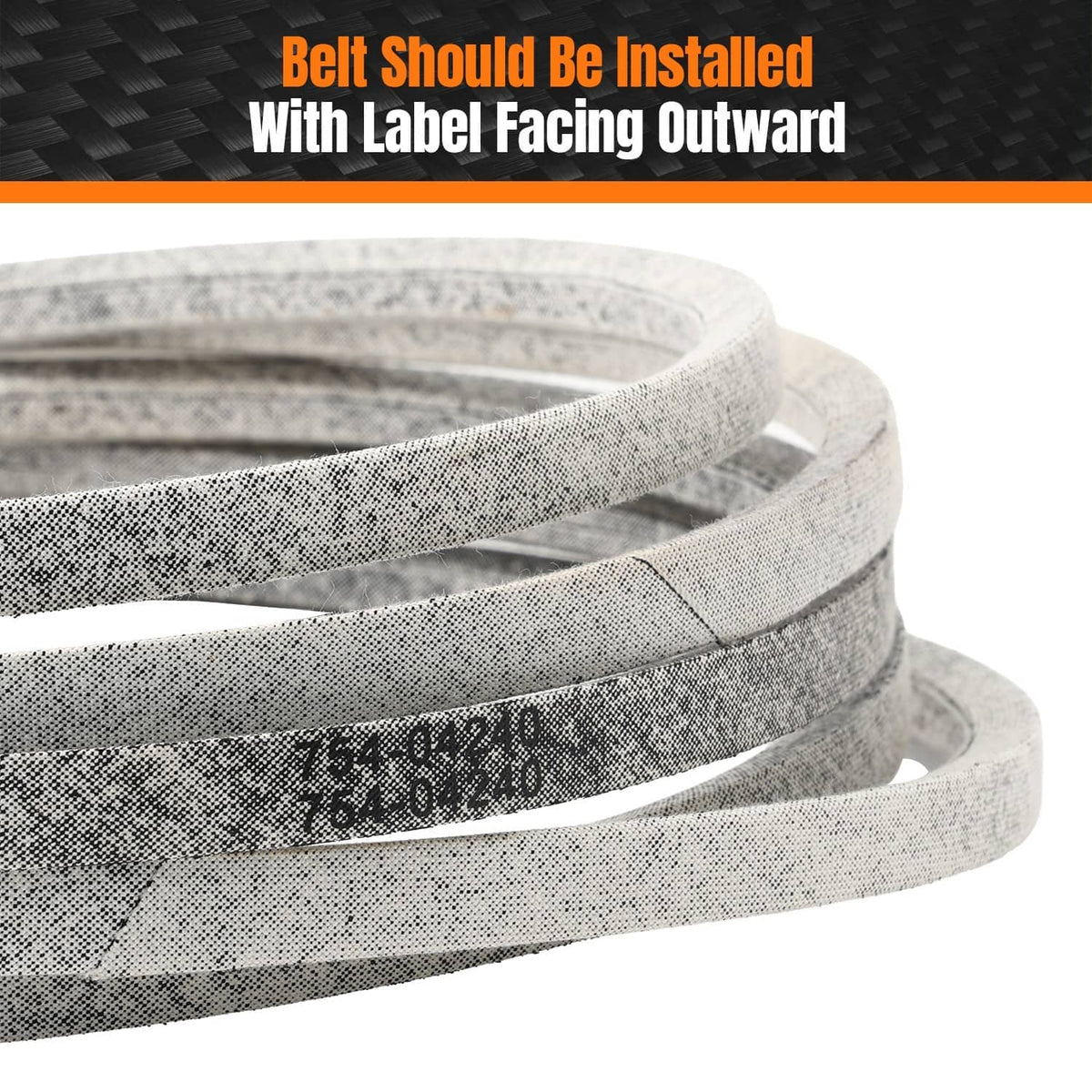 Textured gray V-belt with printed part numbers on the outer fabric surface