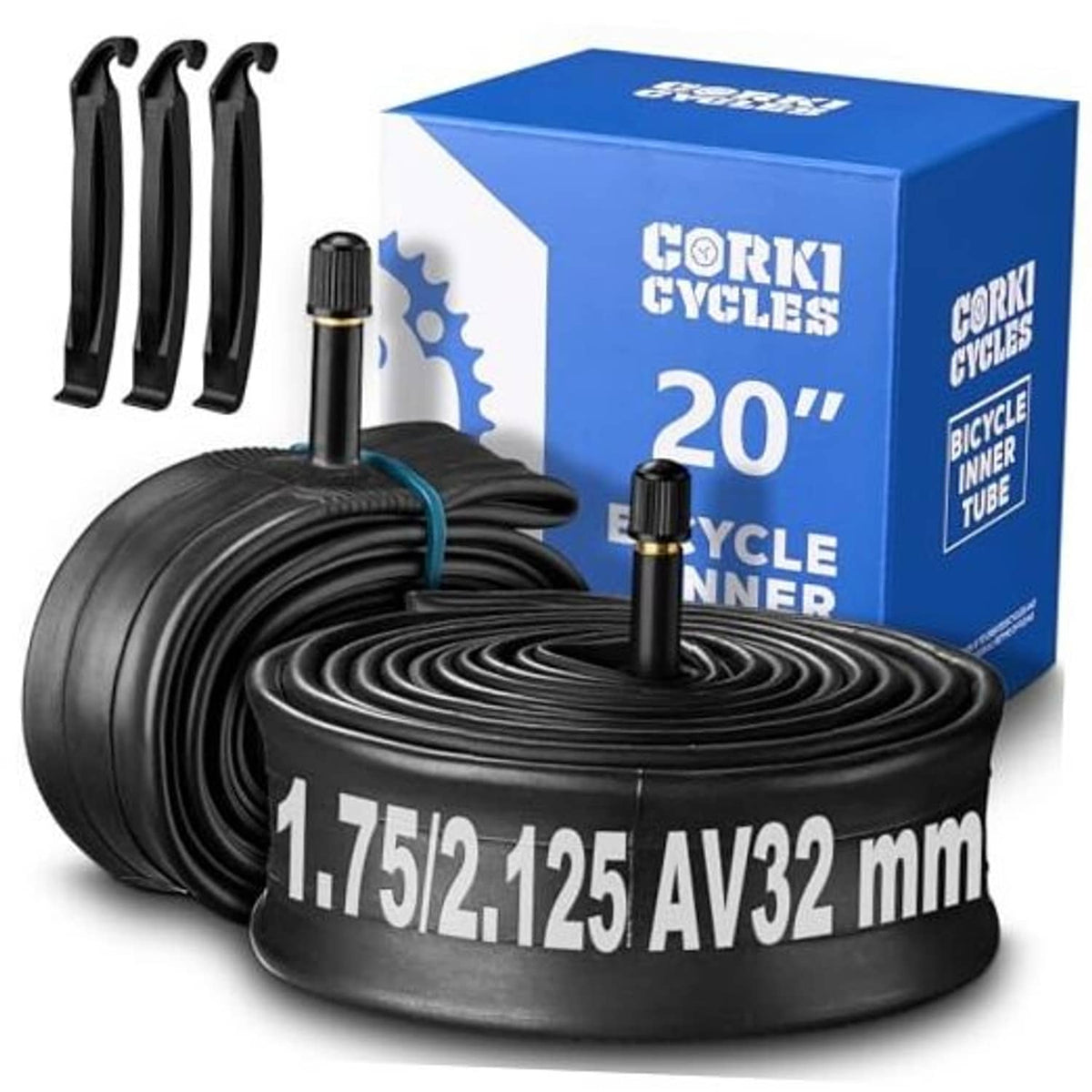 Pair of 20-inch black butyl bike inner tubes with AV32 Schrader valve