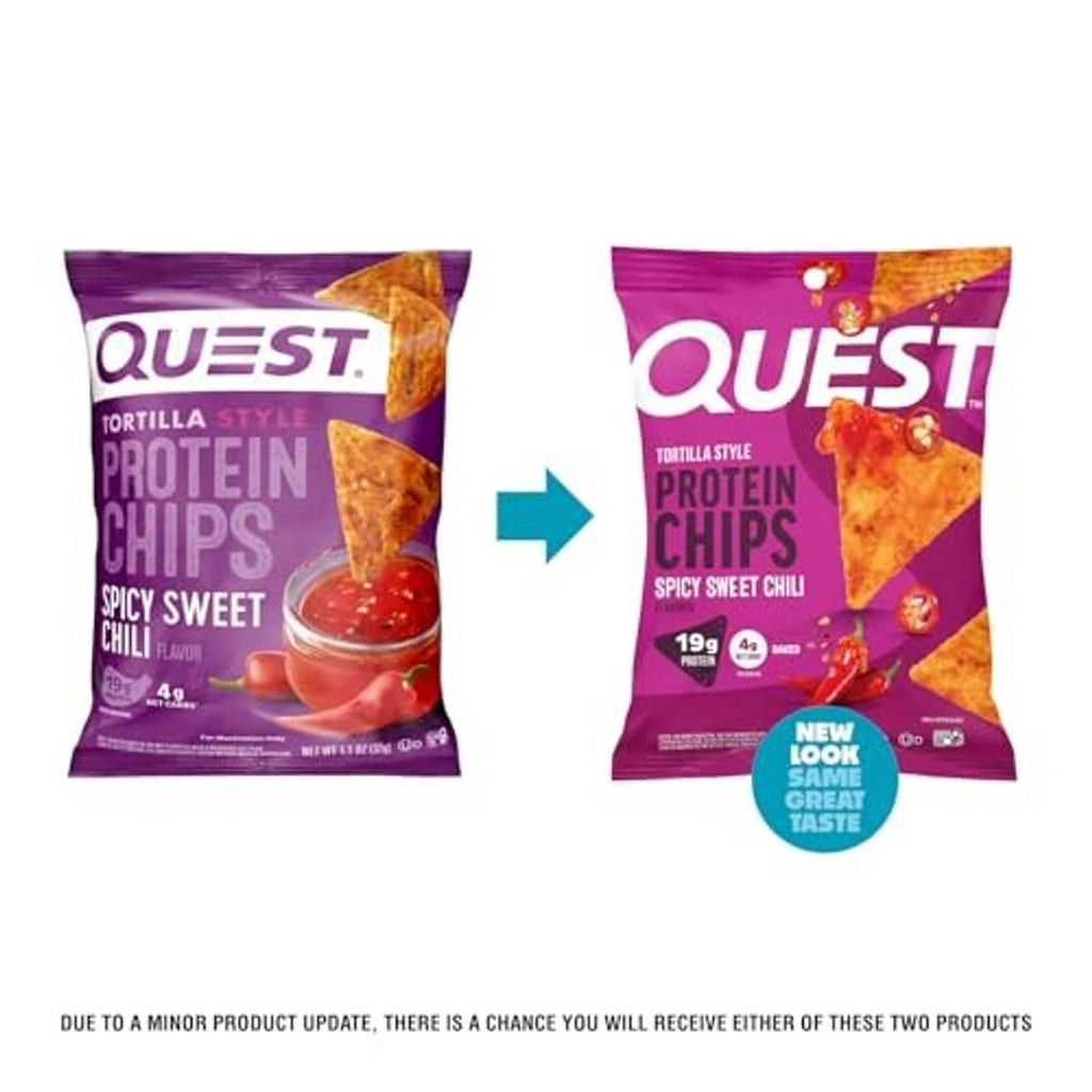 Quest tortilla style protein chips bag pair with arrow, spicy sweet chili flavor