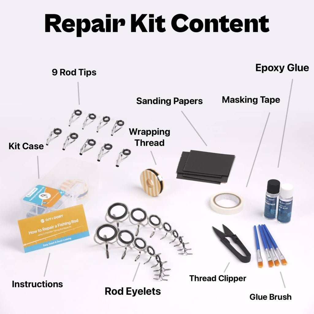 Fishing rod guide repair kit contents: eyelets, wrapping thread, epoxy glue, tools
