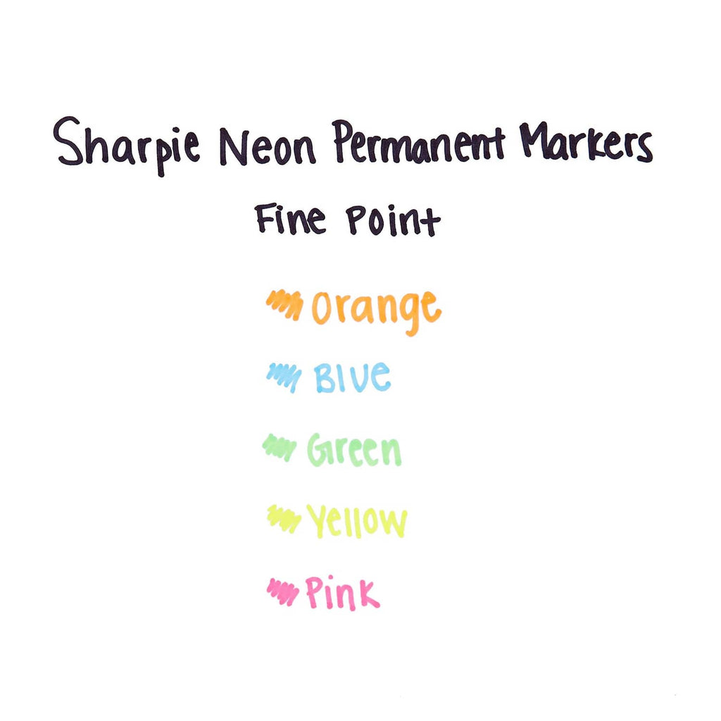 Neon permanent marker color chart: orange, blue, green, yellow, pink