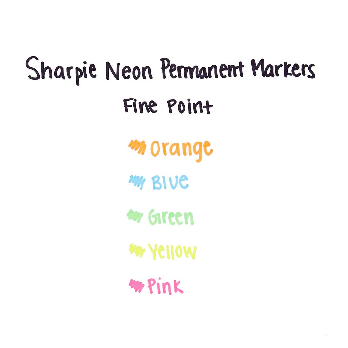 Neon permanent marker color chart: orange, blue, green, yellow, pink