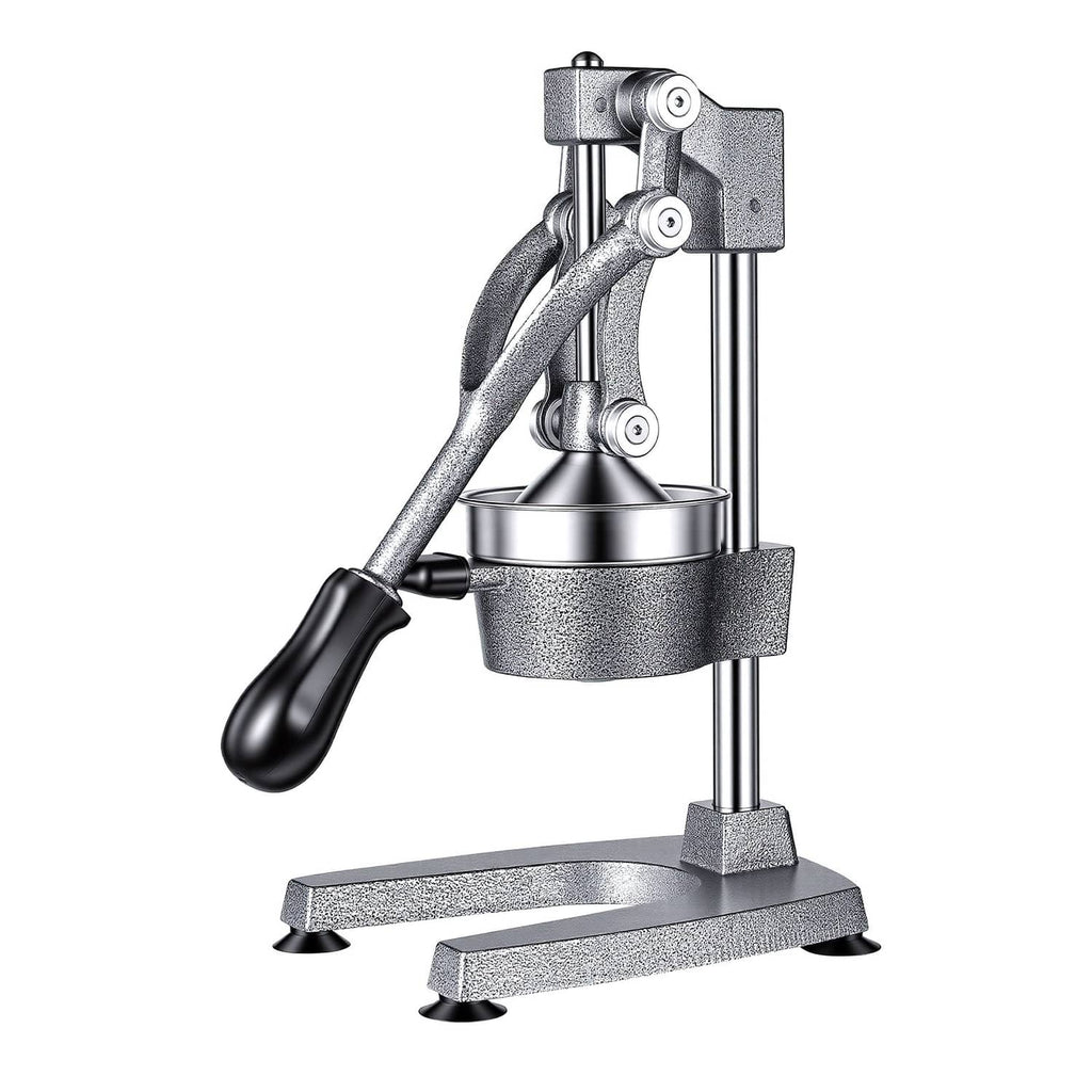 Silver gray manual citrus juicer press with lever, press cone, and drip cup