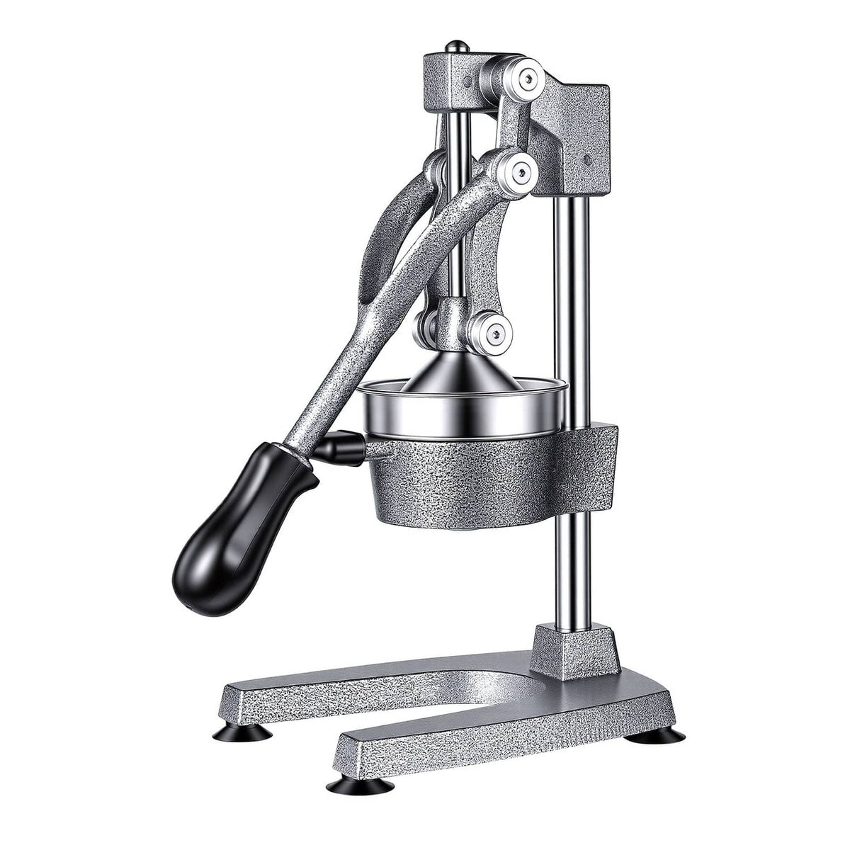 Silver gray manual citrus juicer press with lever, press cone, and drip cup