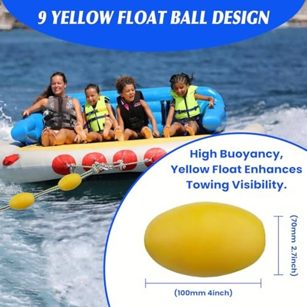 Yellow float ball tow rope section with blue-and-green braided rope