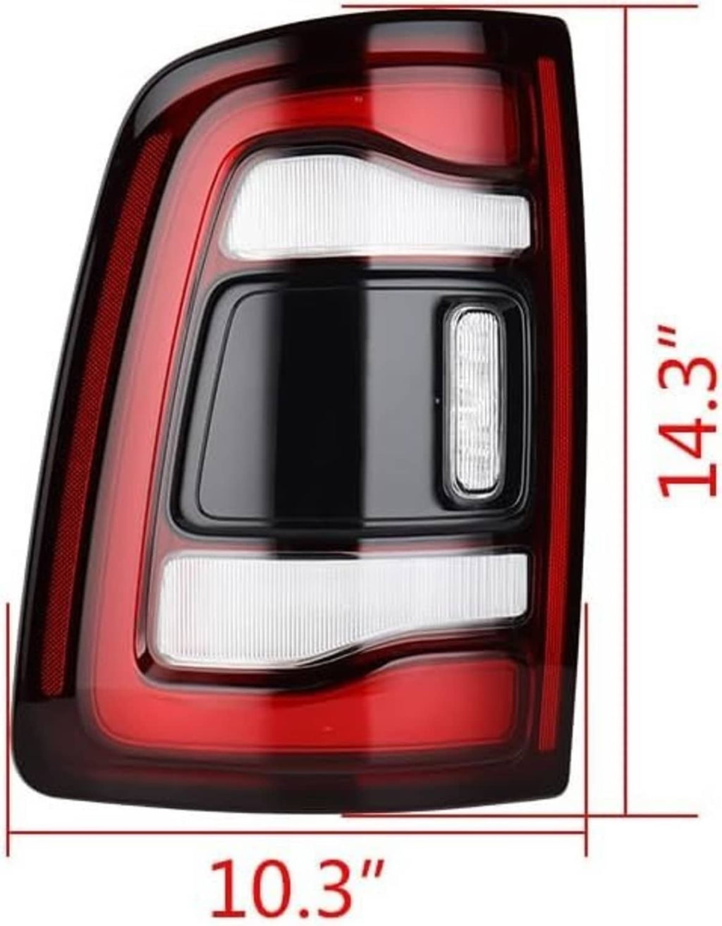 Close-up LED tail light lens with black bezel, red outer ring, clear sections, size dimensions.