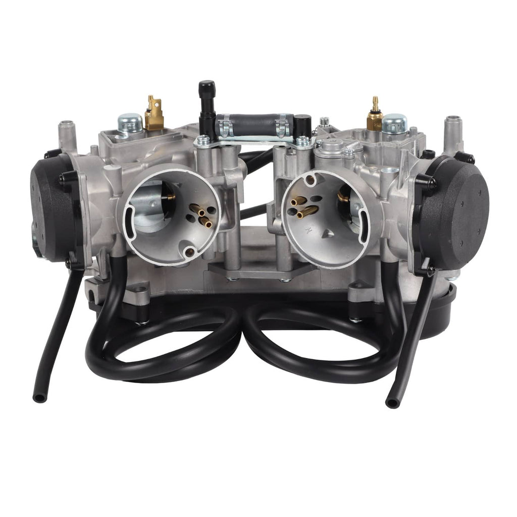 Dual carburetor assembly front view with two openings and attached black hoses