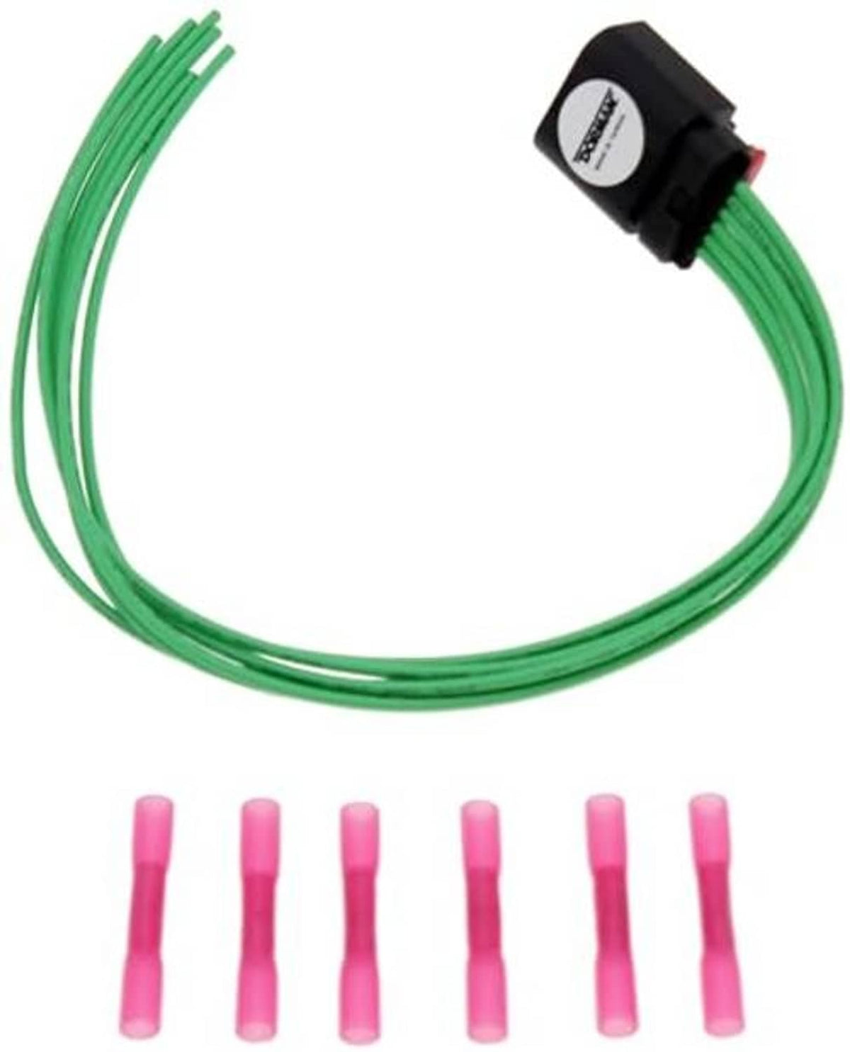 Throttle body connector harness with green wires, black plug, and pink terminals
