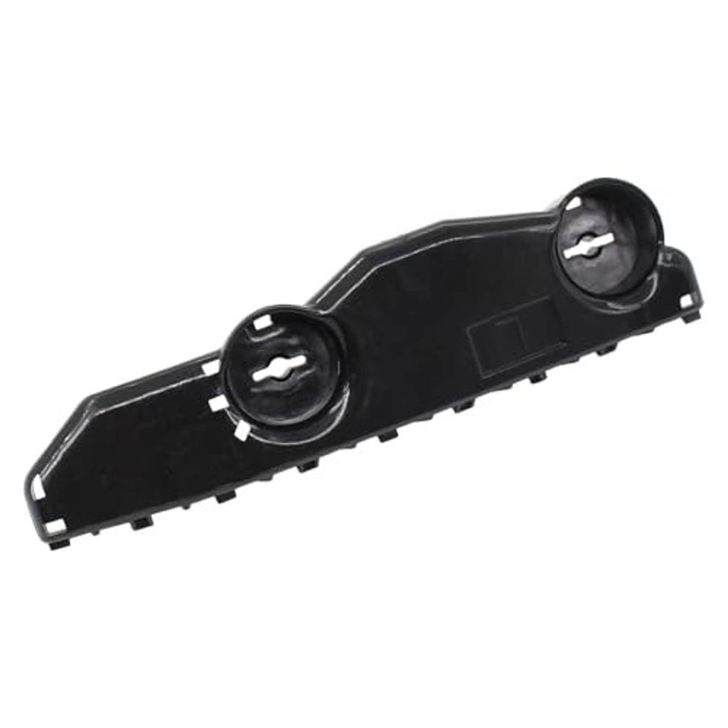 Front bumper bracket retainer, black plastic, side view with two circular mounting holes