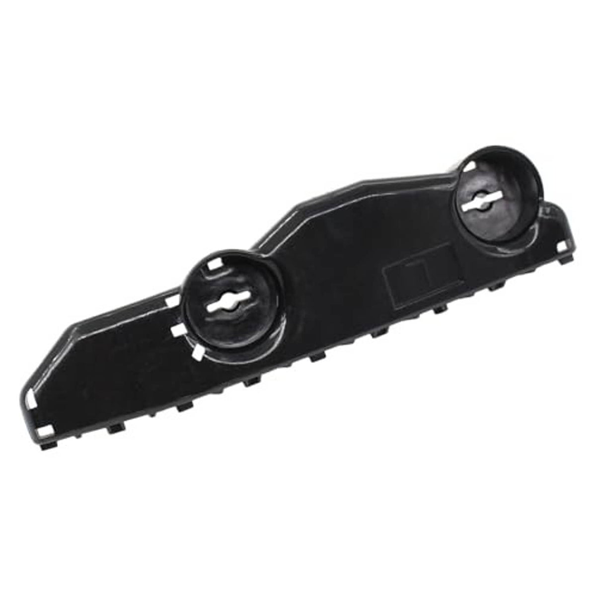 Front bumper bracket retainer, black plastic, side view with two circular mounting holes