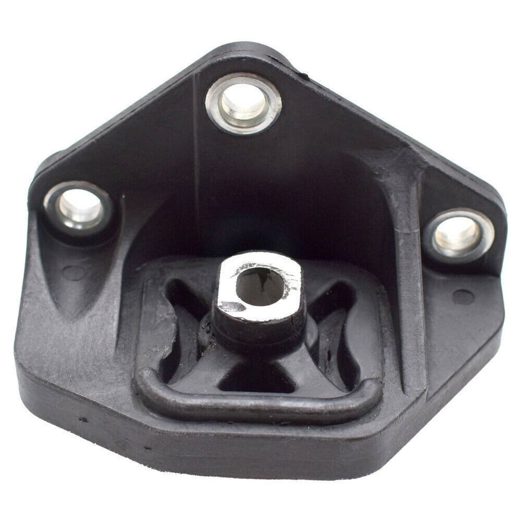Black engine motor mount bracket with three bolt holes and central metal bushing