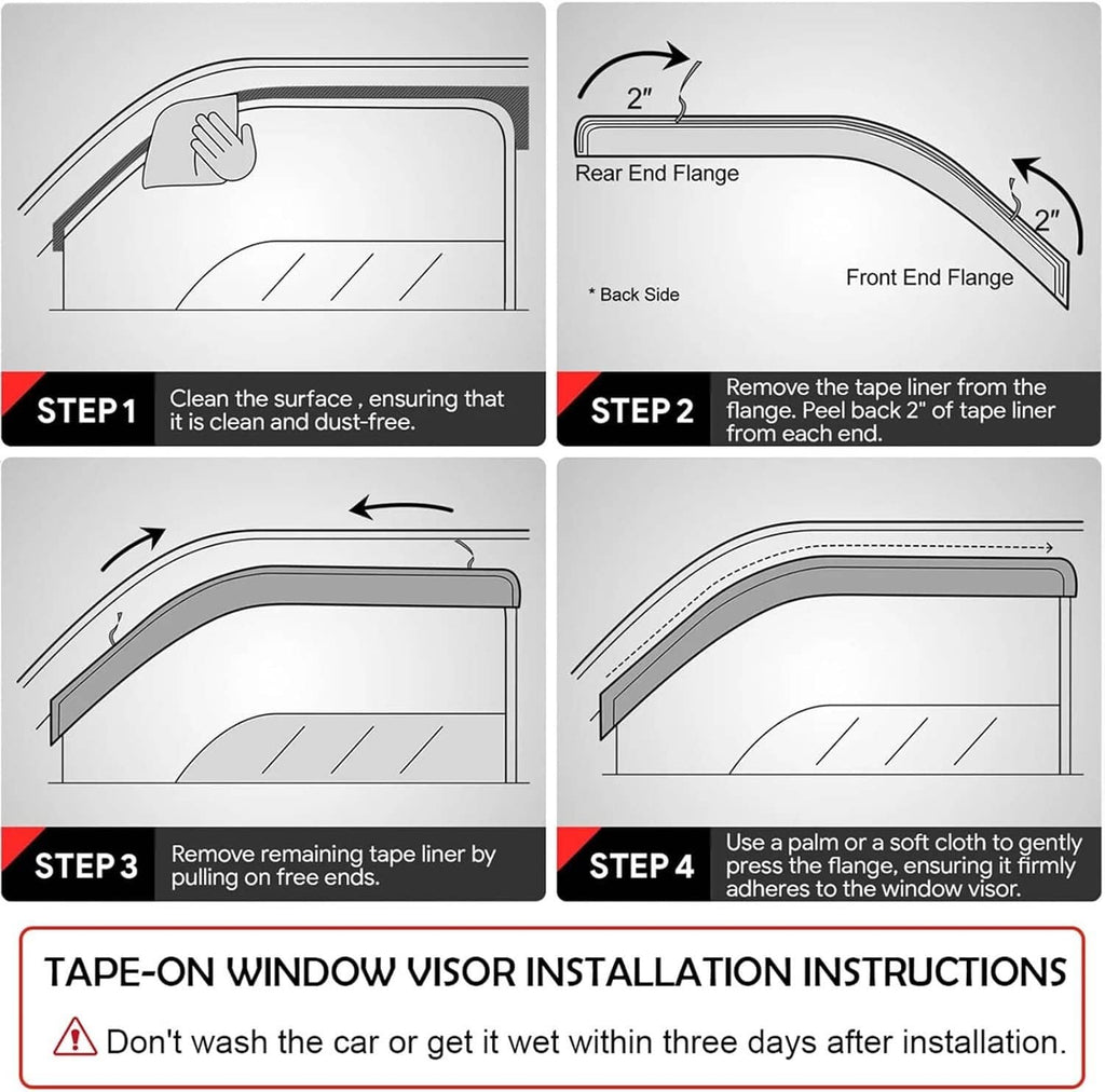 Installation diagram for a tape-on window visor rain guard on a car
