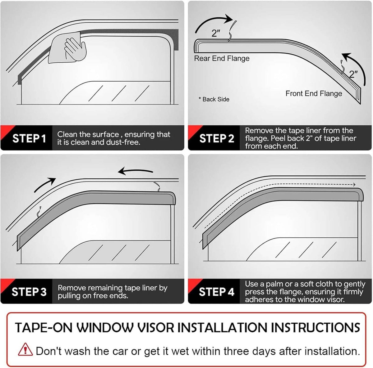 Installation diagram for a tape-on window visor rain guard on a car