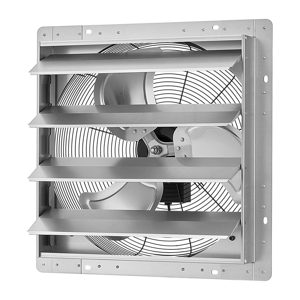 Steel wall exhaust fan with louvered shutters and internal motor assembly