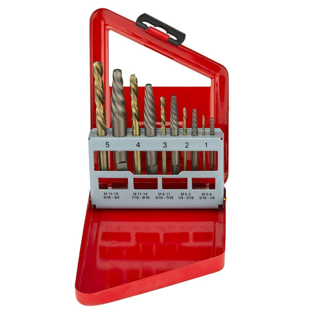Red screw-extractor and left-hand drill bit set in storage case with labeled slots