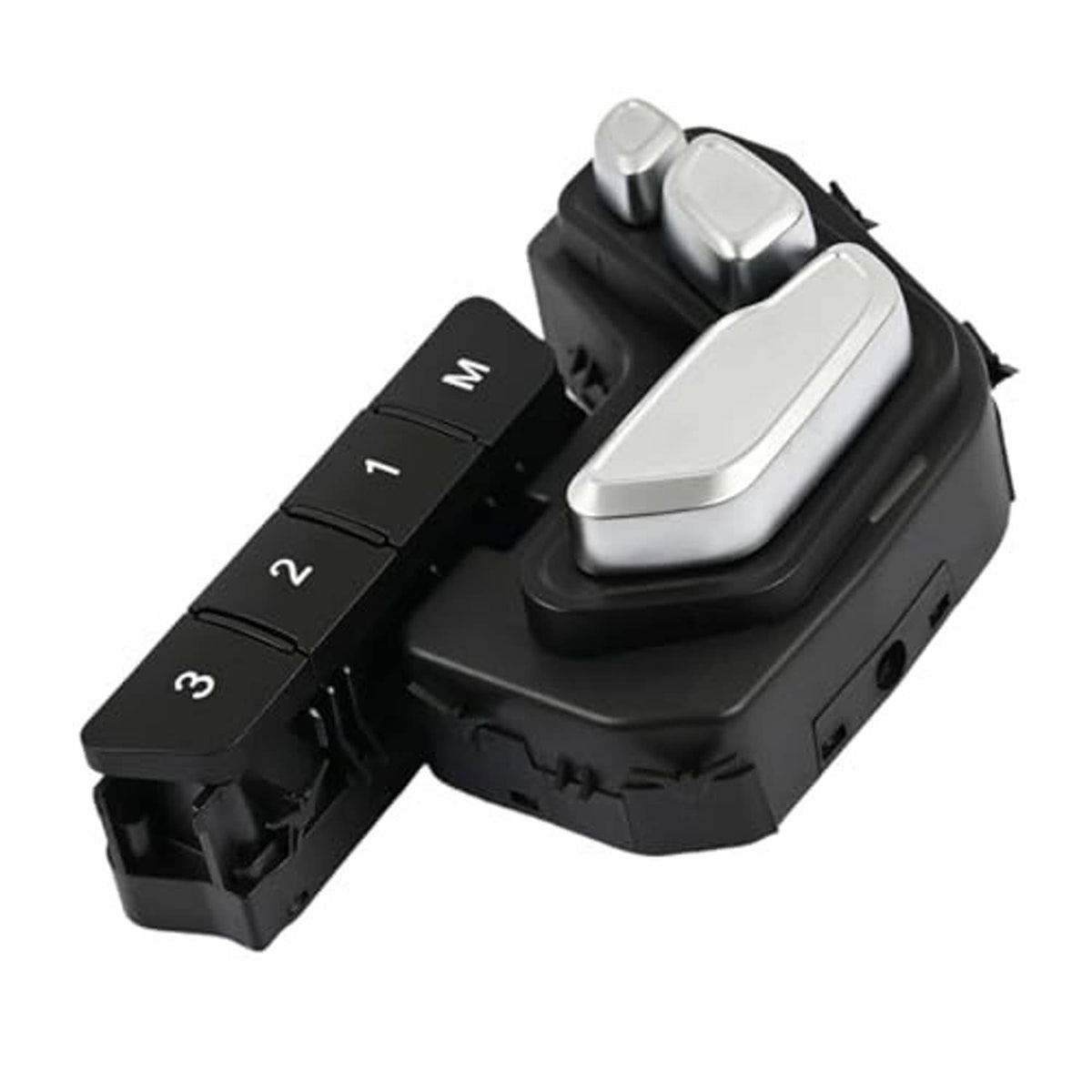 Power seat adjust control switch with black control strip and silver rocker switch