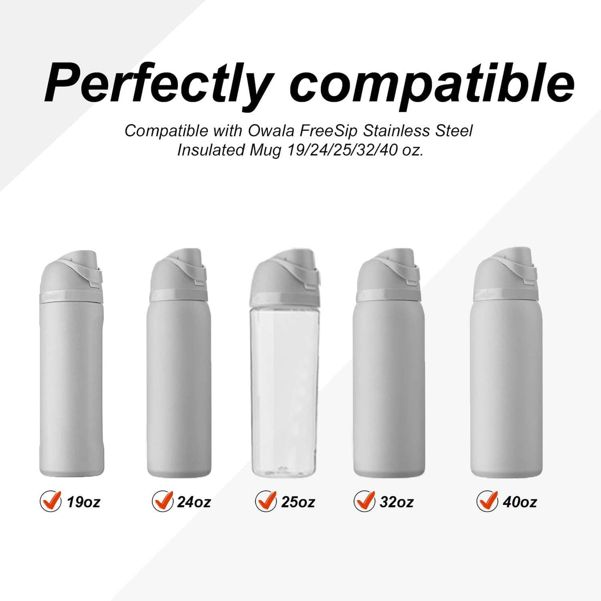 Gray silicone stopper set shown with several stainless water bottles in different sizes