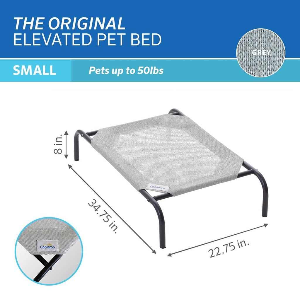 Small grey elevated pet bed with black frame and fabric surface, size measurements shown