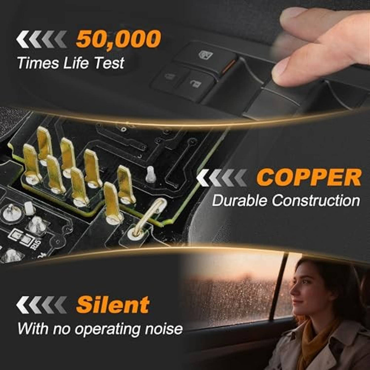 Power window switch control area with test and copper construction graphic overlay