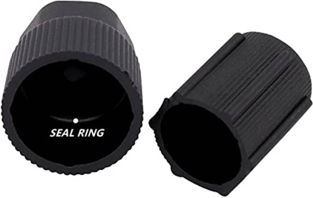 Black AC valve cap pair with inner seal ring and ribbed outer dust covers