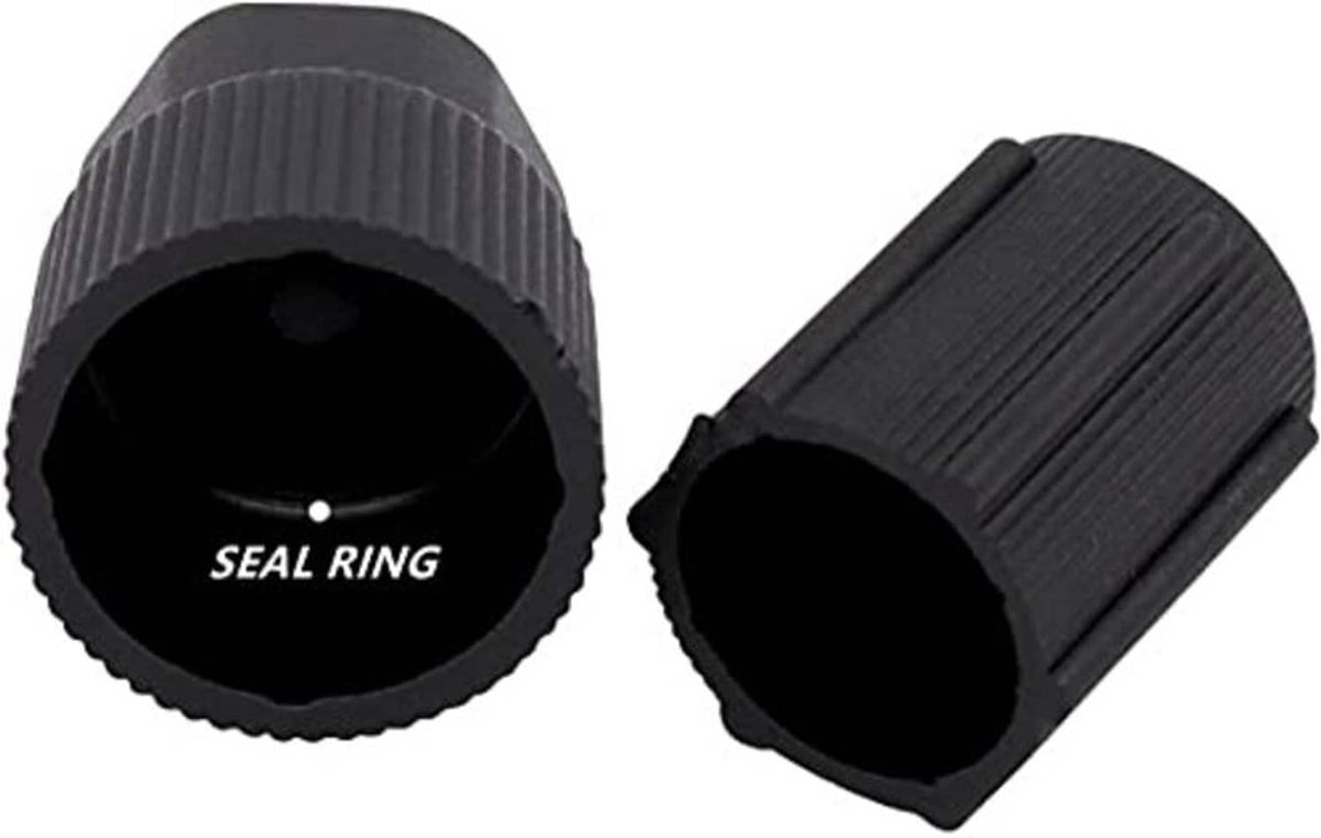 Black AC valve cap pair with inner seal ring and ribbed outer dust covers