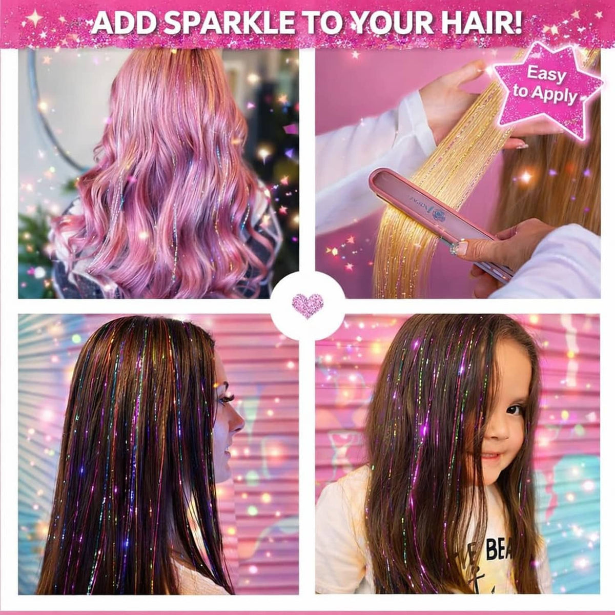 Hair tinsel extensions on hair with pink and dark strands and a tool for applying